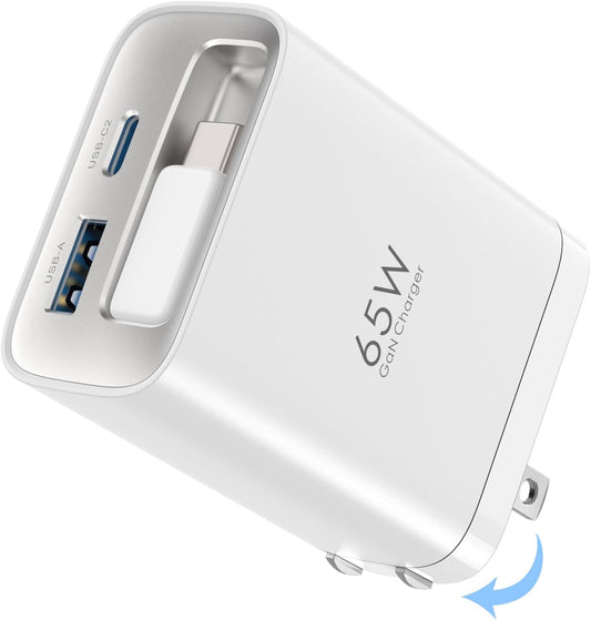 Retractable Wall Charger, 65w PD USB C Fast Charger Block with Foldable Plug Portable Adapter for MacBook Pro/Air, ipad Pro/Air, iPhone 15/16 Pro/Pro Max, for Galaxy S24/S23, (White)