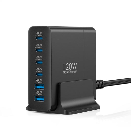 TOPADRE 合計120W 充電器 USB-C 急速充 電器 6ポート USBコンセント【単ポート65Ｗ Max/6台同時充 電/1.5M電源コード＆スタンド付】スマホ充 電 器 PSE認証済 MacBook iPad iPhone Galaxy Android スマートフォン タブレットなどデバイス対応