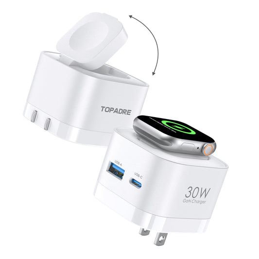 30W 3-in-1 GaN Fast Wall Charger with Wireless Charging for Smartwatch, USB-C + USB-A Ports, Foldable Plug