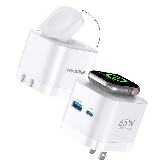 65W 3-in-1 GaN Fast Wall Charger with Wireless Charging for Smartwatch, USB-C + USB-A Ports, Foldable Plug