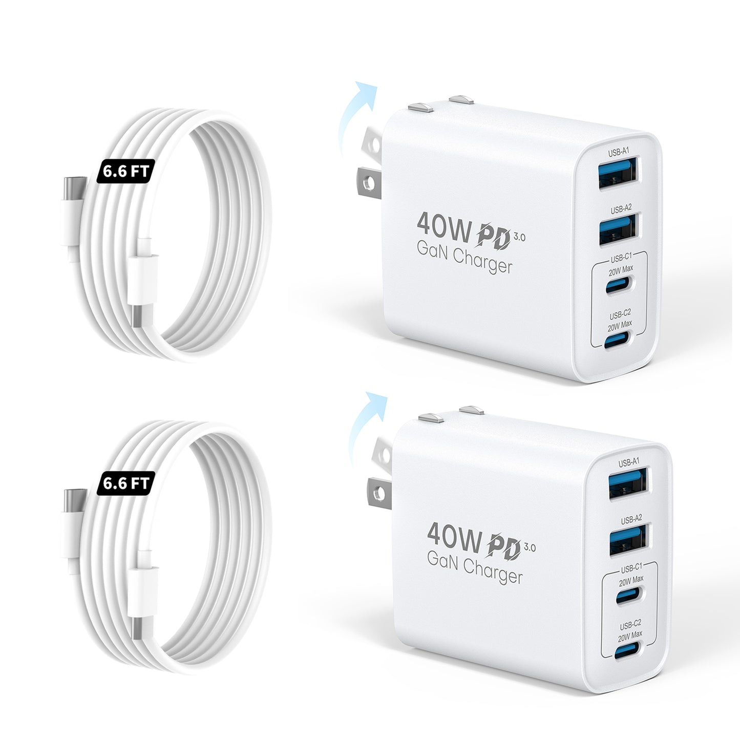 Topadre 40W Portable Fast Charger with Foldable Plug, 4-Port GaN USB-C Wall Charger for iPhone 17/16/15/14 Series, iPad, Galaxy and Other Devices