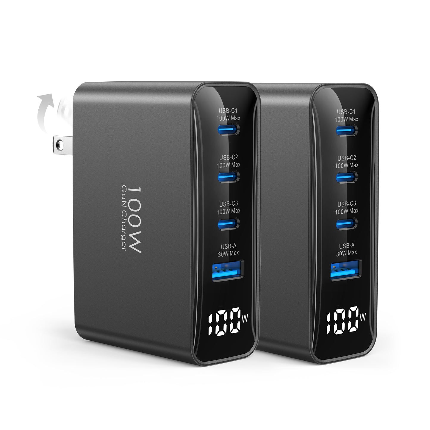TOPADRE 100W USB C Charger, 4-in-1 Charging Station with LED Dispay, GaN Compact Foldable Laptop Charger for MacBook Pro/Air, iPad Pro, for iPhone 17/16/15 Pro Max, 2 Pack