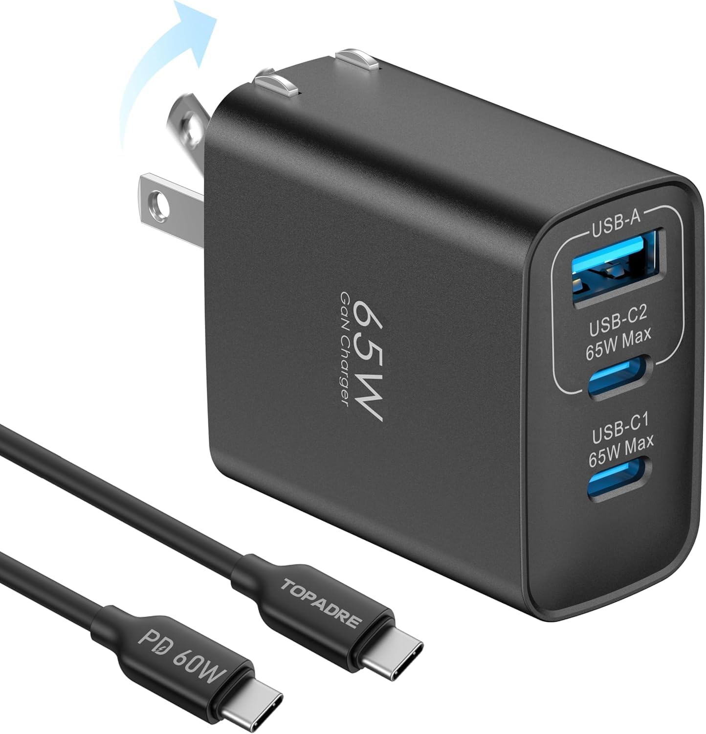Topadre 65W USB C Charger Block, 3 Ports GaN Wall Charger Foldable Compact Type C Fast Charging for MacBook iPad Pro/Air, iPhone 15/16 Pro/Pro Max, for Samsung Galaxy S24/S23