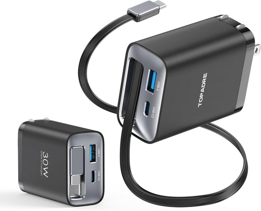 Retractable Wall Charger, 30w PD USB C Fast Charger Block with Foldable Plug Portable Adapter for MacBook Pro/Air, ipad Pro/Air, iPhone 15/16 Pro/Pro Max, for Galaxy S24/S23
