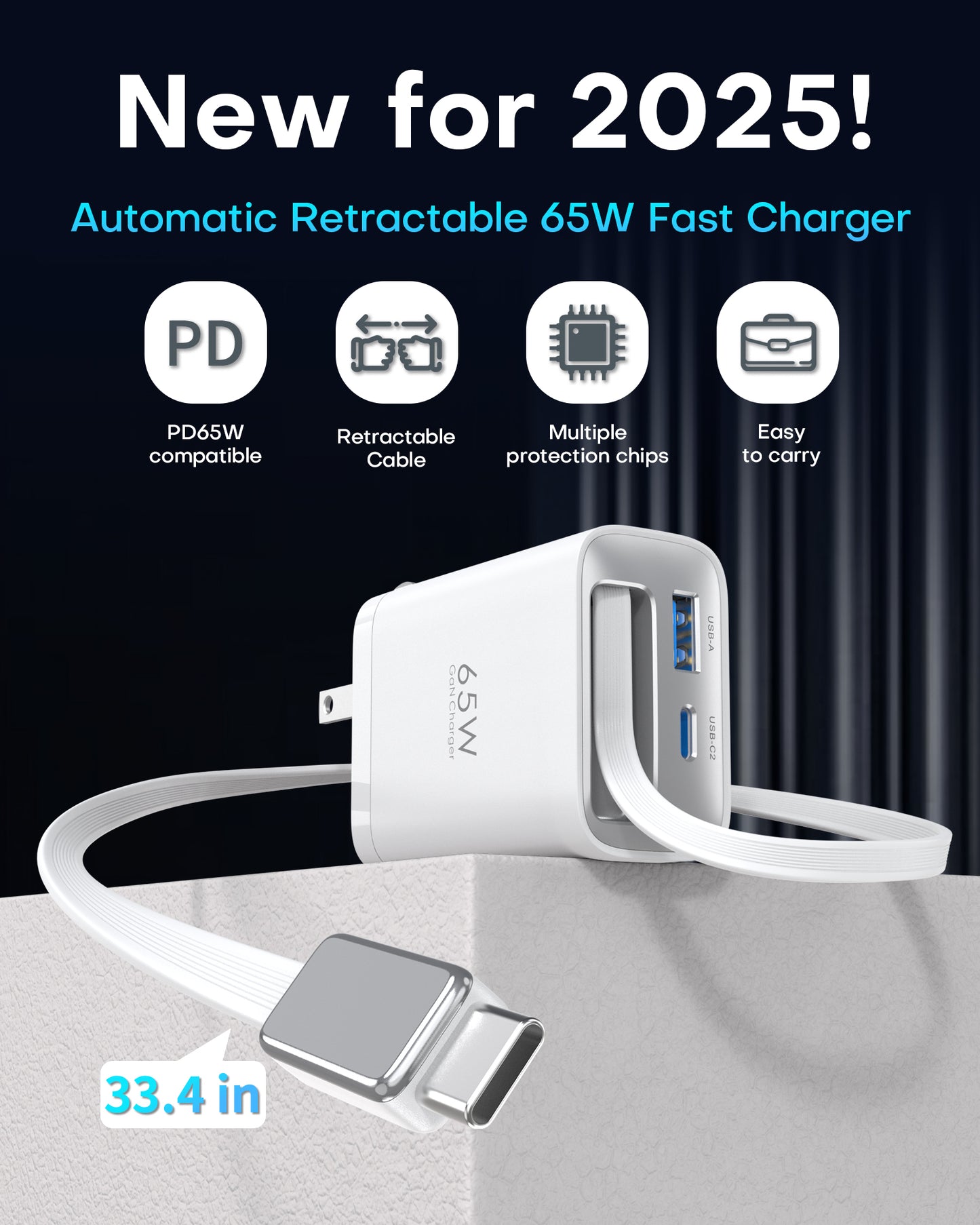 3 in 1 GaN Charger 65W Fast Charging Type C Retractable Wall Foldable Plug for iPhone Samsung Galaxy iPad MacBook Travel Friendly Compact Safe Tech Gift