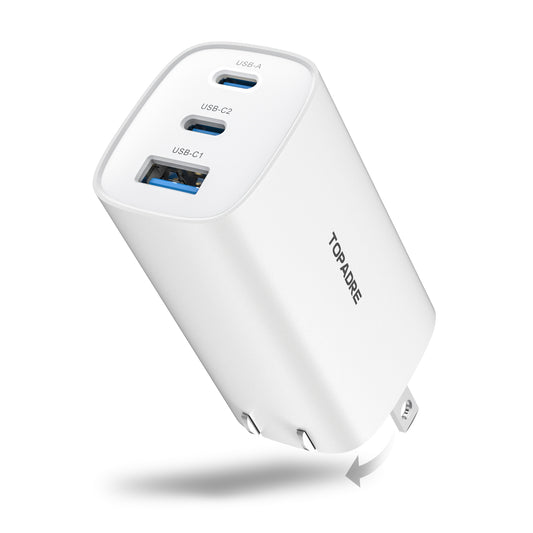 TOPADRE 65W USB-C Charger, Foldable Plug & 3-Port PD Fast Charging compatible with iPhone/Samsung