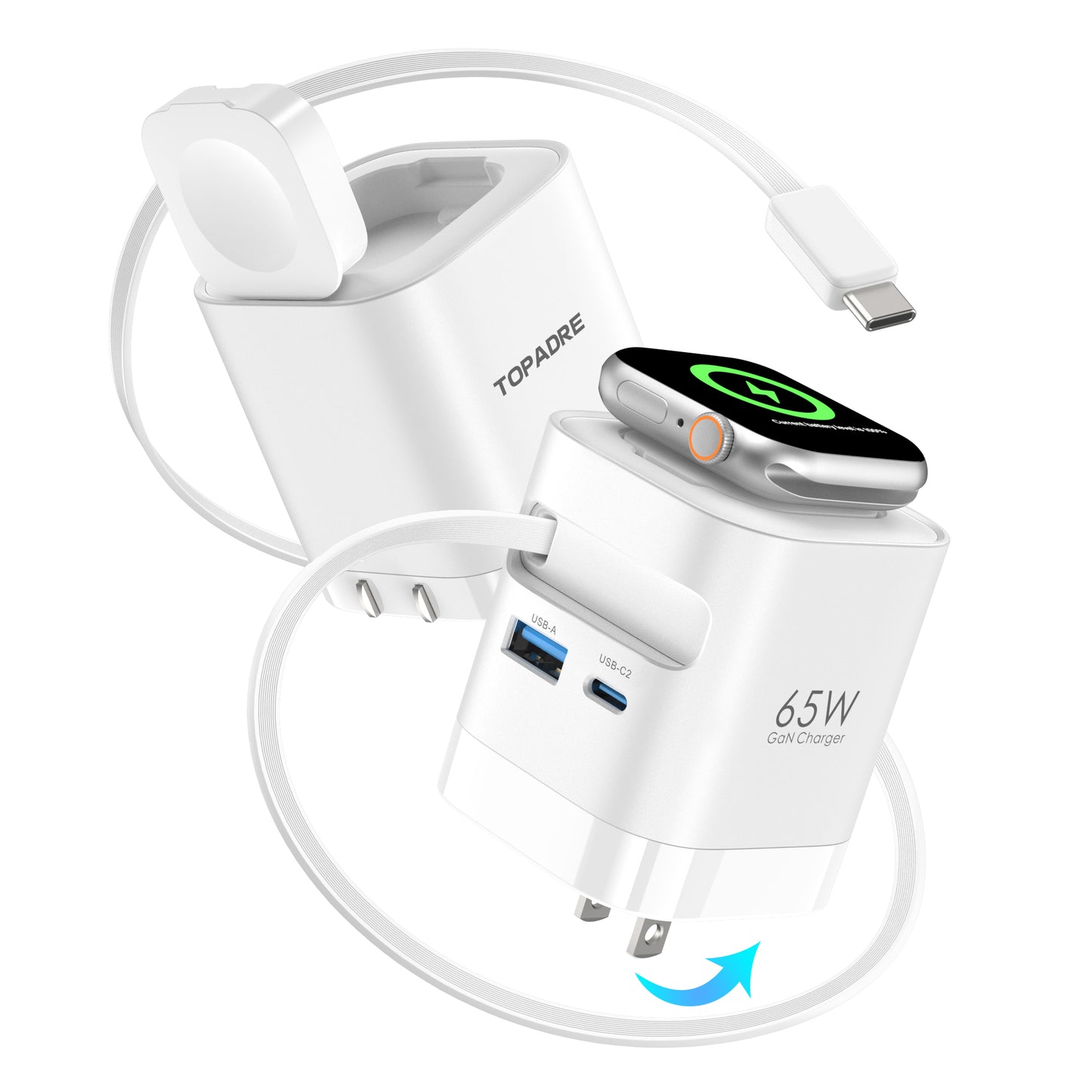 65W Retractable Wall Charger with Cables, 4-Port for Apple Watch Charger USB-C with Fast Charging for Apple Watch 10/9/8, for Macbook/iPad Pro, for iPhone 16/15 Series, Galaxy and More, White