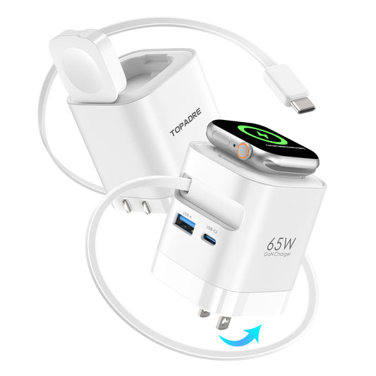 65W Retractable Wall Charger with Cables, 4-Port for Apple Watch Charger USB-C with Fast Charging for Apple Watch 10/9/8, for Macbook/iPad Pro, for iPhone 16/15 Series, Galaxy and More, White