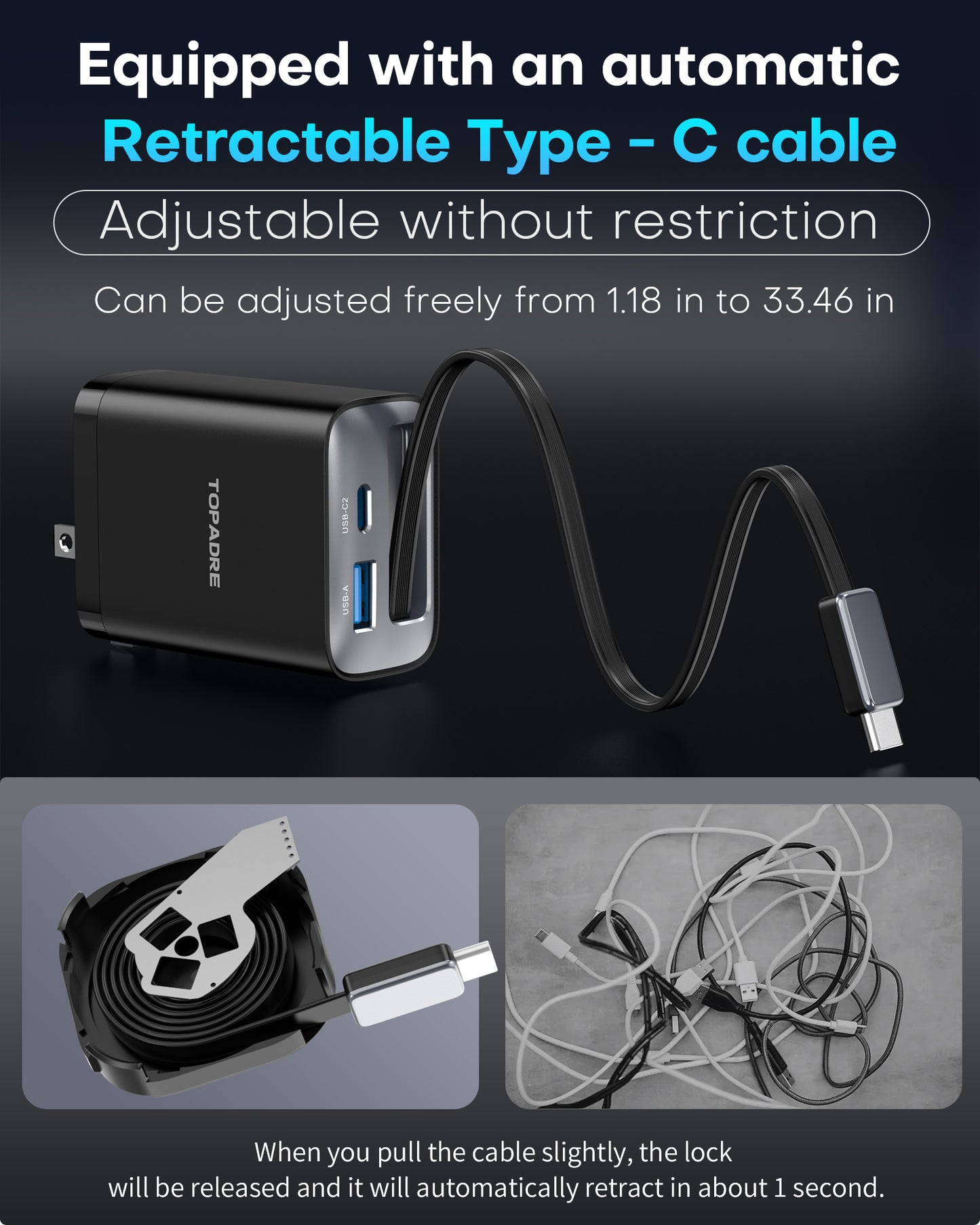 30W GaN 3-in-1 Fast Charger with Retractable Cable, USB-C + USB-A Wall Plug, Compact PD Charger for Phones & Tablets