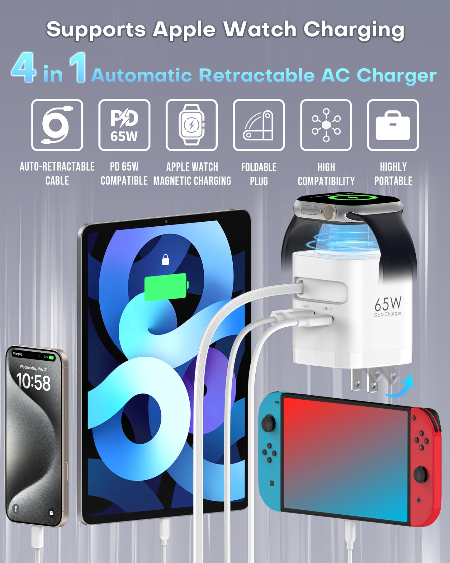 65W Retractable Wall Charger with Cables, 4-Port for Apple Watch Charger USB-C with Fast Charging for Apple Watch 10/9/8, for Macbook/iPad Pro, for iPhone 16/15 Series, Galaxy and More, White