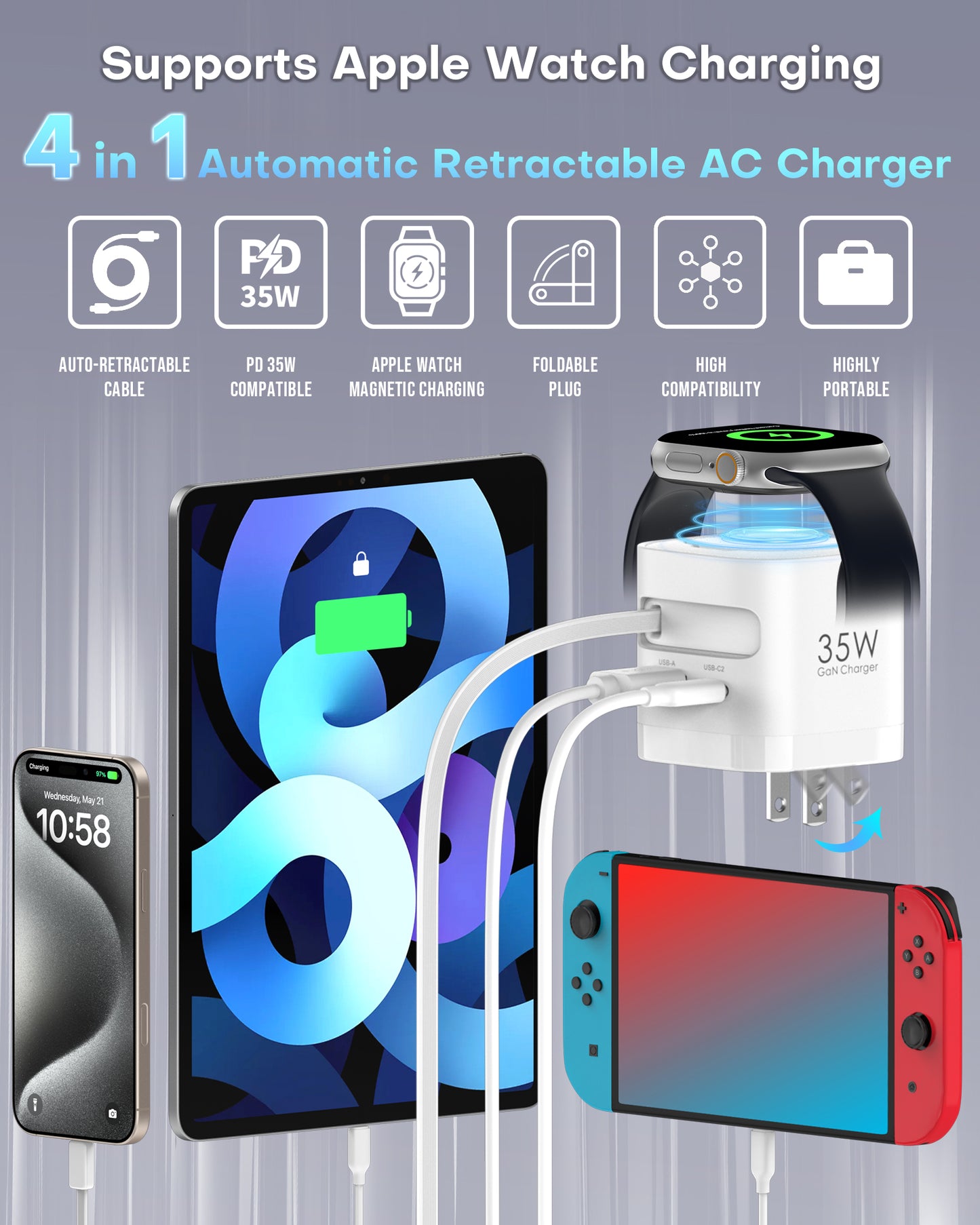 35W Retractable Wall Charger with Cables, 3-Port for applewatch Charger USB-C with Fast Charging for applewatch 10/9/8, for i Pad Pro, for i Phone 16/15/14 Pro Max Series, Galaxy and More, White