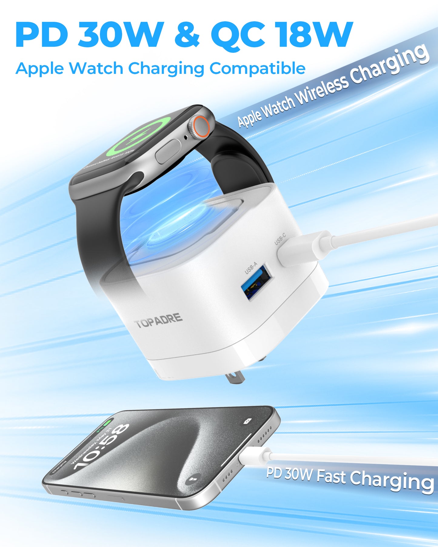 30W 3-in-1 GaN Fast Wall Charger with Wireless Charging for Smartwatch, USB-C + USB-A Ports, Foldable Plug