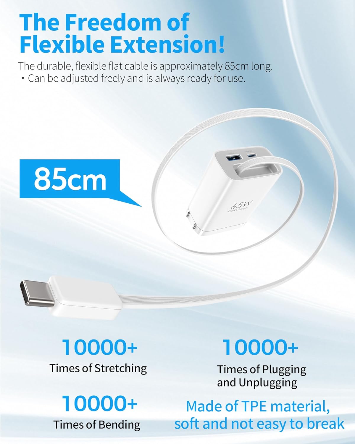 Retractable Wall Charger, 65w PD USB C Fast Charger Block with Foldable Plug Portable Adapter for MacBook Pro/Air, ipad Pro/Air, iPhone 15/16 Pro/Pro Max, for Galaxy S24/S23, (White)