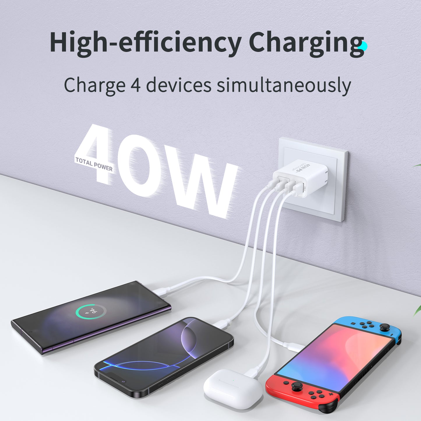 Topadre 40W Portable Fast Charger with Foldable Plug, 4-Port GaN USB-C Wall Charger for iPhone 17/16/15/14 Series, iPad, Galaxy and Other Devices