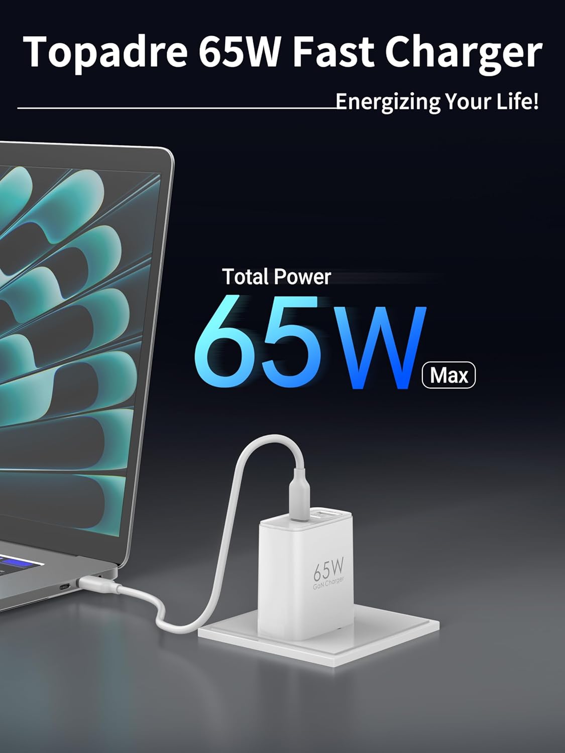 Topadre 65W USB C Charger Block, 3 Ports GaN Wall Charger Foldable Compact Type C Fast Charging for MacBook iPad Pro/Air, iPhone 15/16 Pro/Pro Max, for Samsung Galaxy S24/S23