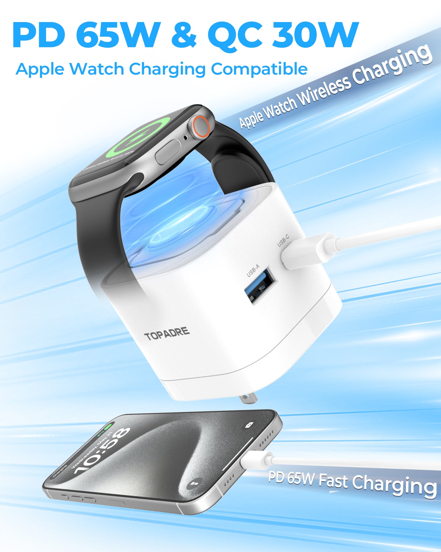 65W 3-in-1 GaN Fast Wall Charger with Wireless Charging for Smartwatch, USB-C + USB-A Ports, Foldable Plug