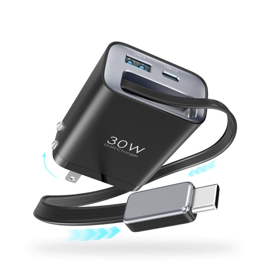 30W GaN 3-in-1 Fast Charger with Retractable Cable, USB-C + USB-A Wall Plug, Compact PD Charger for Phones & Tablets