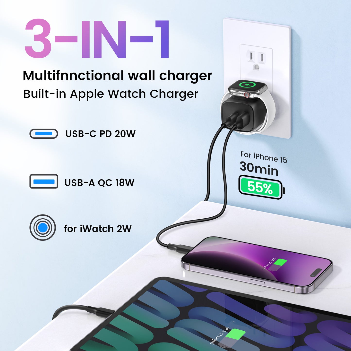 3-in-1 Charging Blocks for Apple Watch ，20W USB-C &18W USB-A&Built-in Wireless Adapter for A pple Watch ，for Apple Watch Series11/ 10/9/8/7/6, for iWatch Ultra/SE, for iPhone