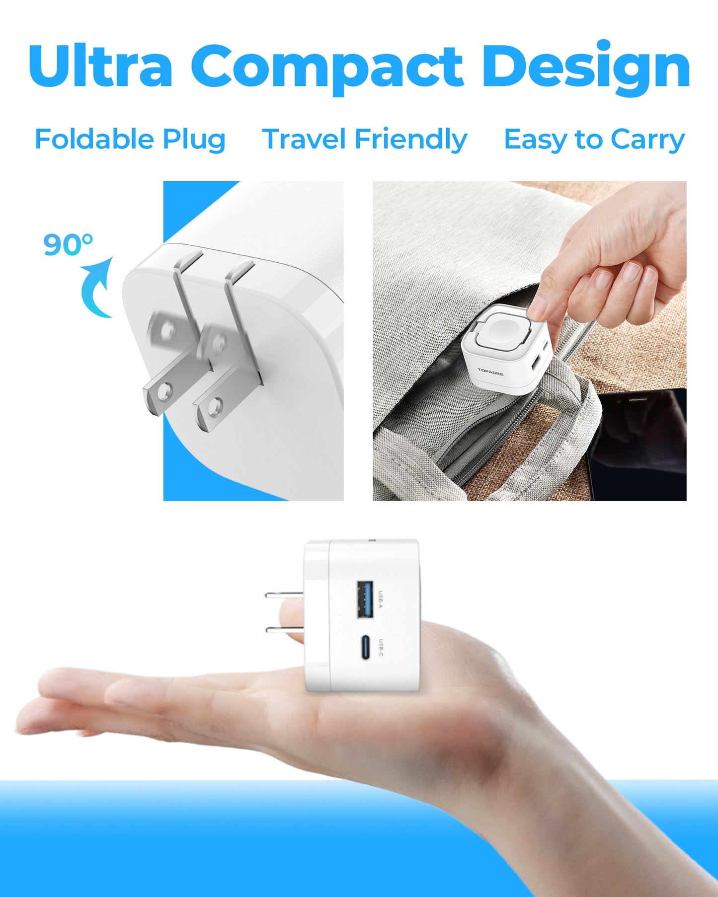 30W 3-in-1 GaN Fast Wall Charger with Wireless Charging for Smartwatch, USB-C + USB-A Ports, Foldable Plug