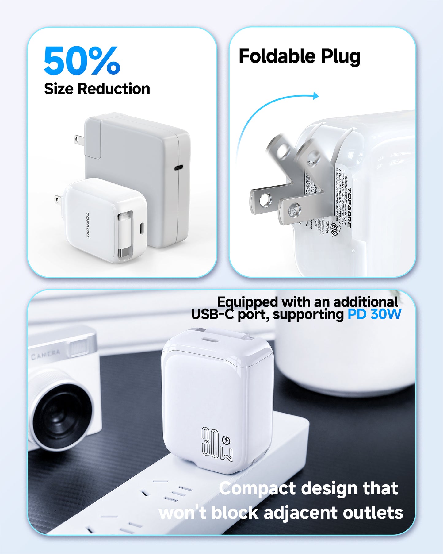 Topadre 30W Portable Fast Charger with Retractable Cable, GaN USB-C Wall Charger with Folding Plug, Suitable for iPhone 17/16/15/14 Series, iPad, Galaxy and Other Devices, 2Pack