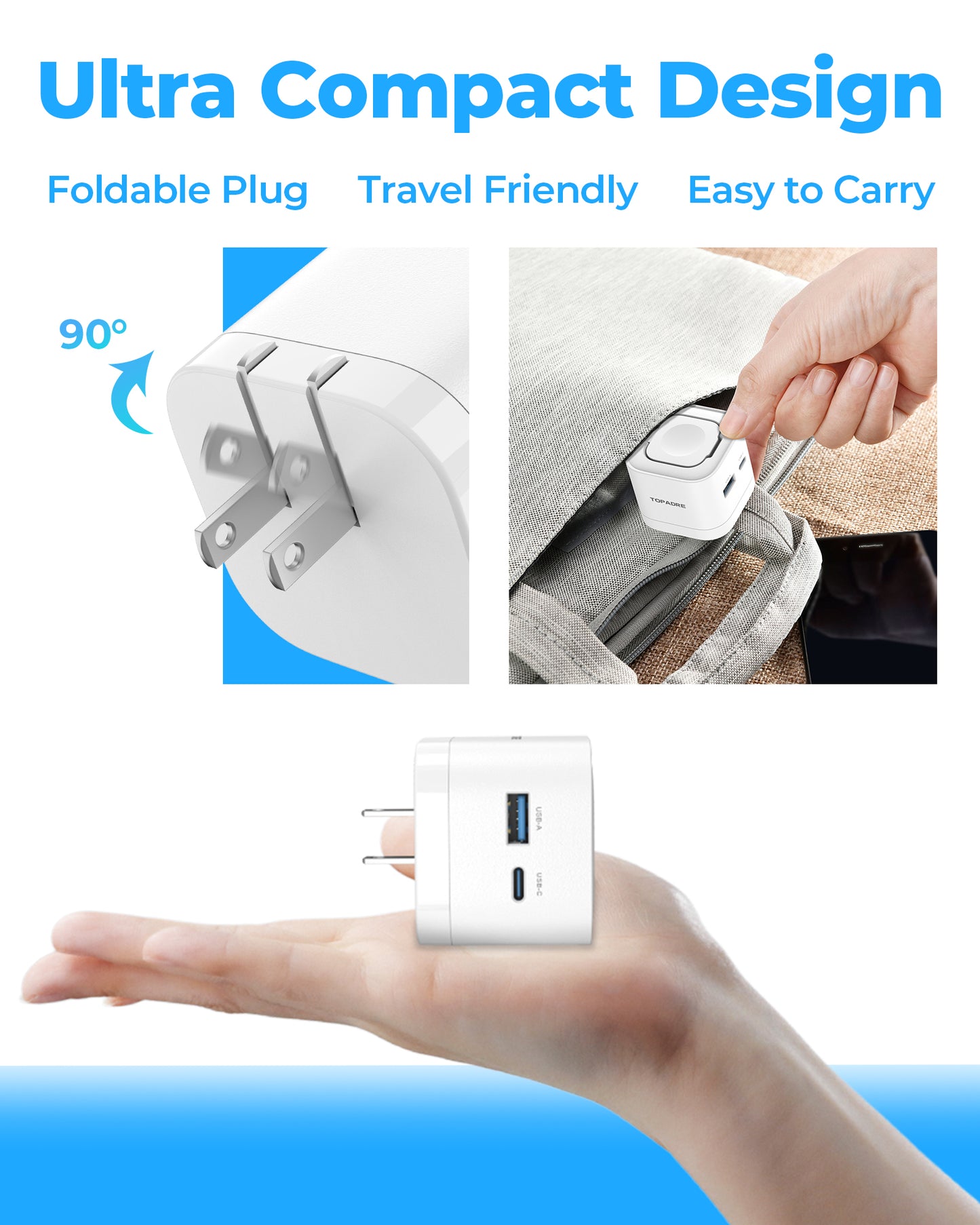 65W 3-in-1 GaN Fast Wall Charger with Wireless Charging for Smartwatch, USB-C + USB-A Ports, Foldable Plug