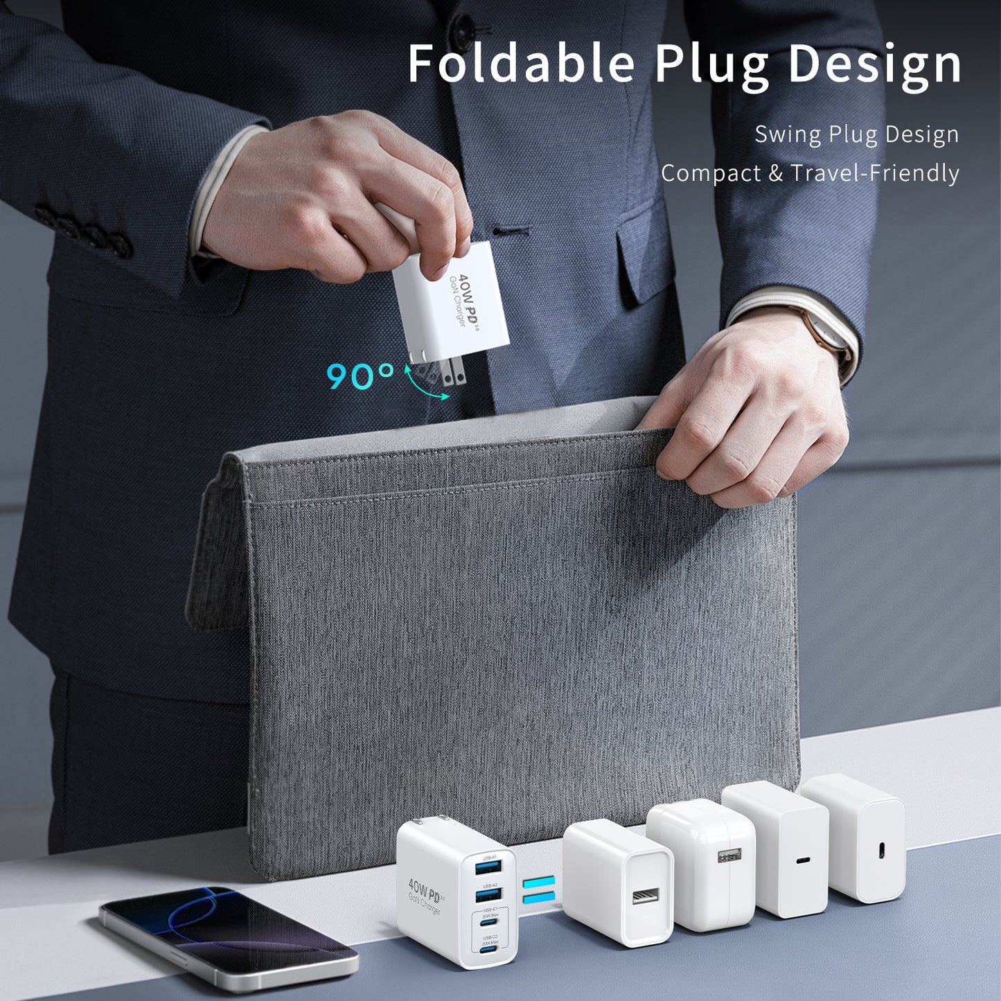 Topadre 40W Portable Fast Charger with Foldable Plug, 4-Port GaN USB-C Wall Charger for iPhone 17/16/15/14 Series, iPad, Galaxy and Other Devices