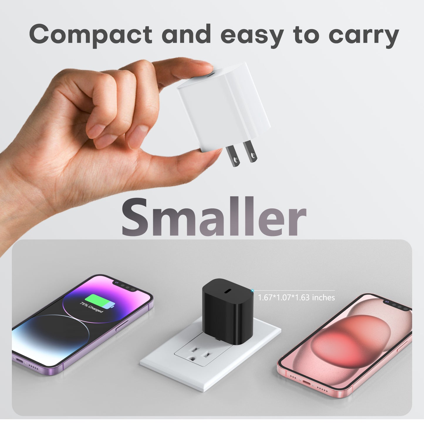 20W USB-C PD GaN Fast Chargers with Charge Cable, Compact Type-C Wall Adapters for Phones and Small Devices
