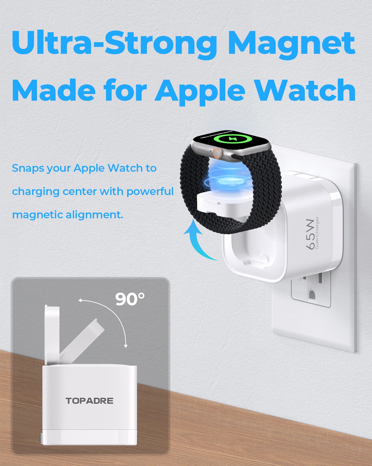65W 3-in-1 GaN Fast Wall Charger with Wireless Charging for Smartwatch, USB-C + USB-A Ports, Foldable Plug