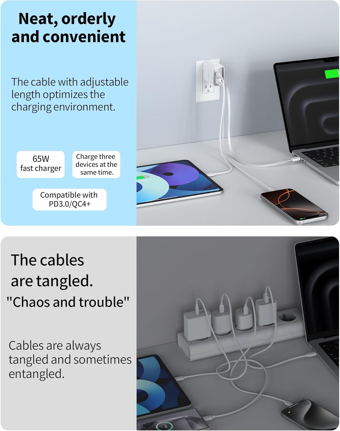Retractable Wall Charger, 65w PD USB C Fast Charger Block with Foldable Plug Portable Adapter for MacBook Pro/Air, ipad Pro/Air, iPhone 15/16 Pro/Pro Max, for Galaxy S24/S23, (White)