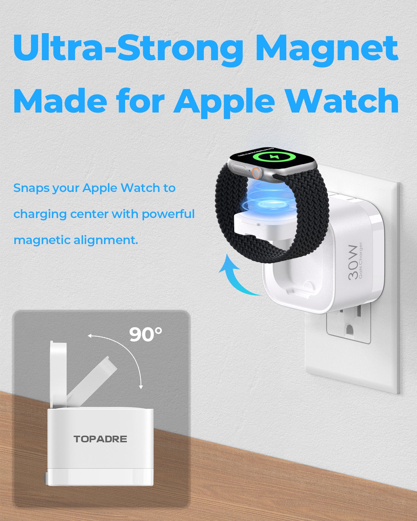 30W 3-in-1 GaN Fast Wall Charger with Wireless Charging for Smartwatch, USB-C + USB-A Ports, Foldable Plug