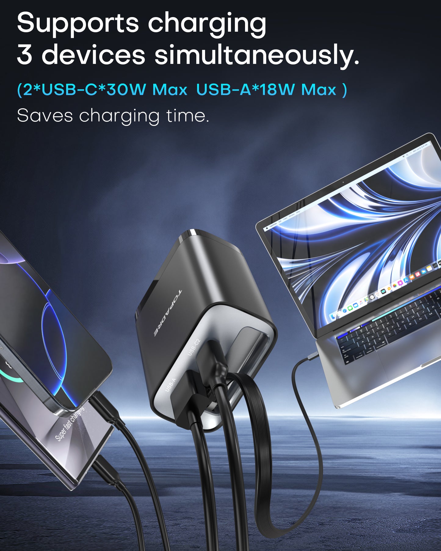 30W GaN 3-in-1 Fast Charger with Retractable Cable, USB-C + USB-A Wall Plug, Compact PD Charger for Phones & Tablets