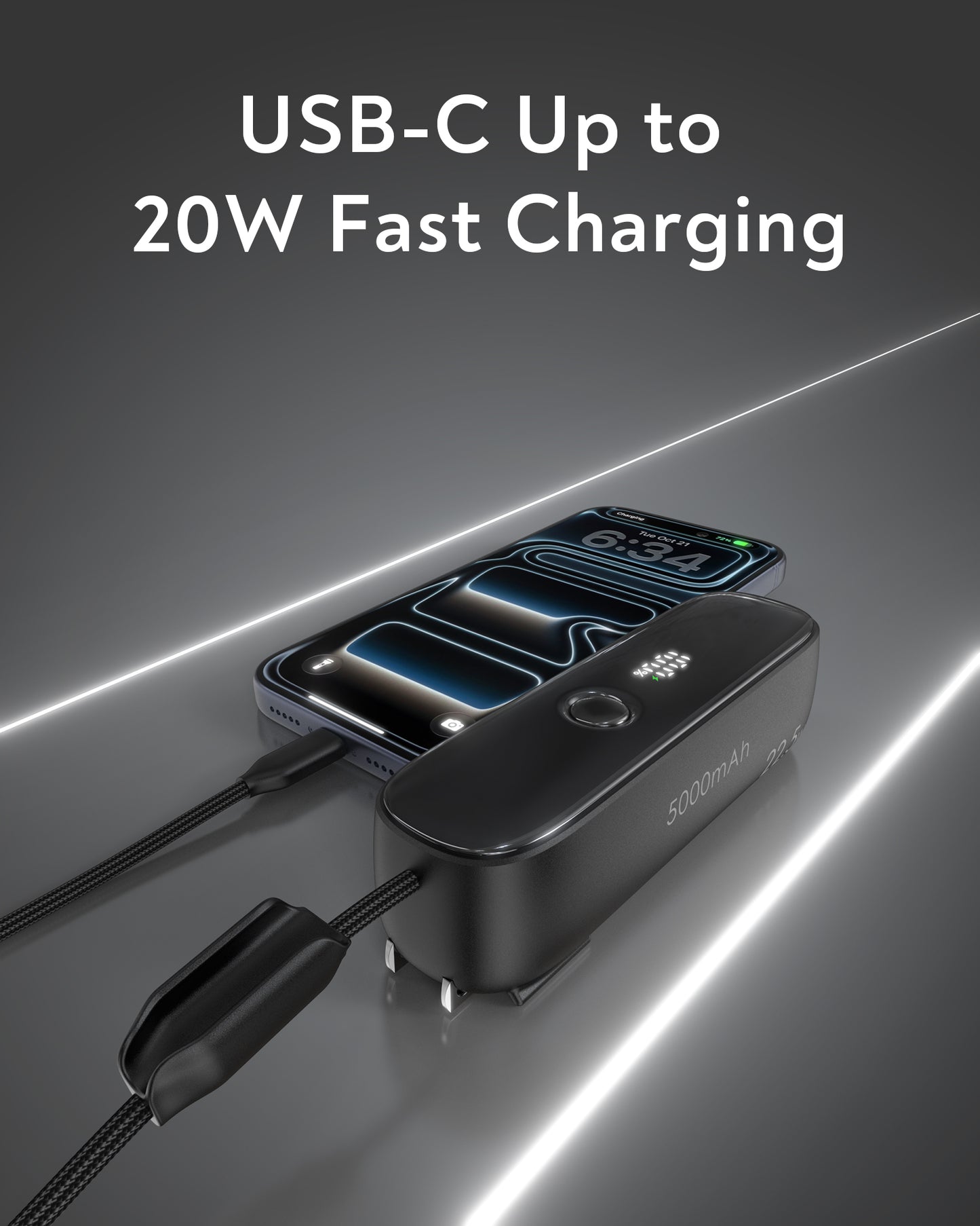 TOPADRE 5000mAh Portable Charger with Built-in AC Plug, 22.5W Fast Charging USB-C Power Bank, LED Display, Dual Device Charging, Compact & Lightweight Battery Pack for iPhone 16/15, Android, iPad and More