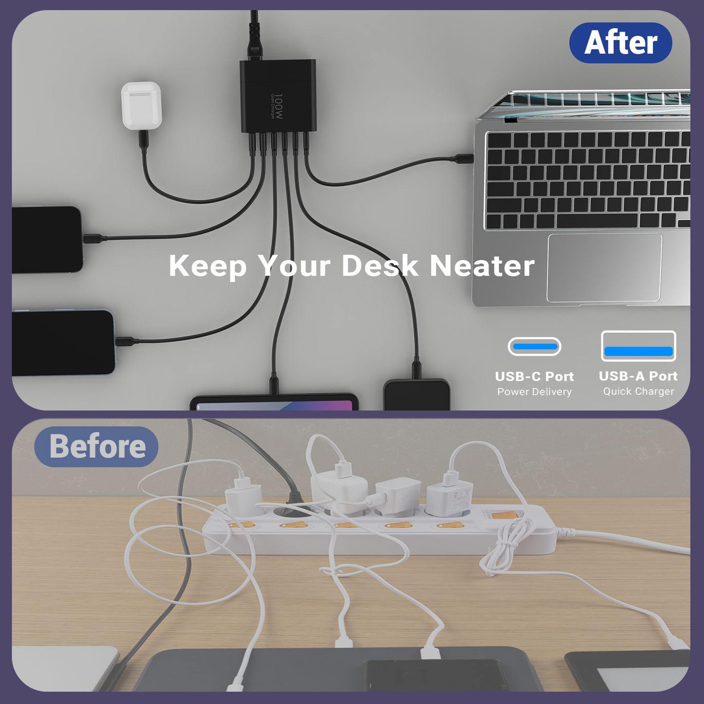 100W USB C Charger, PD3.0 Fast Charging Multiple GaN Charger Station 6-Ports Charger 4-USB C And 2-USB A For IPhone 16/15/14/13/12Pro Max Series, For IPad Pro/Air, For PPS Galaxy S24/S23/S22, For Pixel