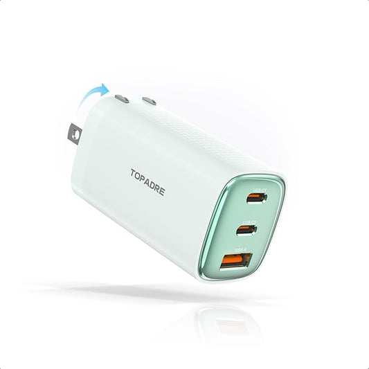 TOPADRE 充電器 65w Type-C PD 急速充電器 USB 3ポート三台同時充 電 [超低温/GaNIII技術/折りたたみ式プラグ] タイプc 充電器 対応MacBook/iPad/Android/Windows PC PSE認証済 PD3.0 対応iphone 16/15/14/13 フルシリーズ対応 青色