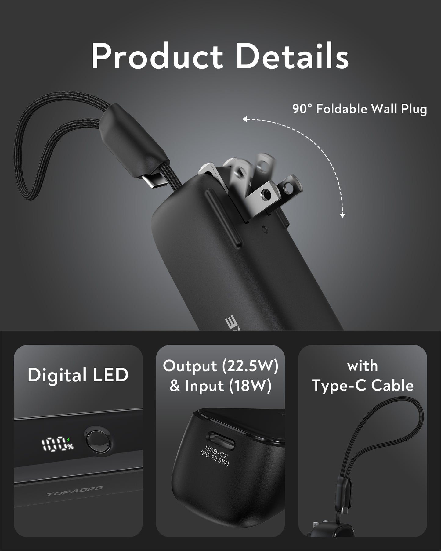 TOPADRE 5000mAh Portable Charger with Built-in AC Plug, 22.5W Fast Charging USB-C Power Bank, LED Display, Dual Device Charging, Compact & Lightweight Battery Pack for iPhone 16/15, Android, iPad and More