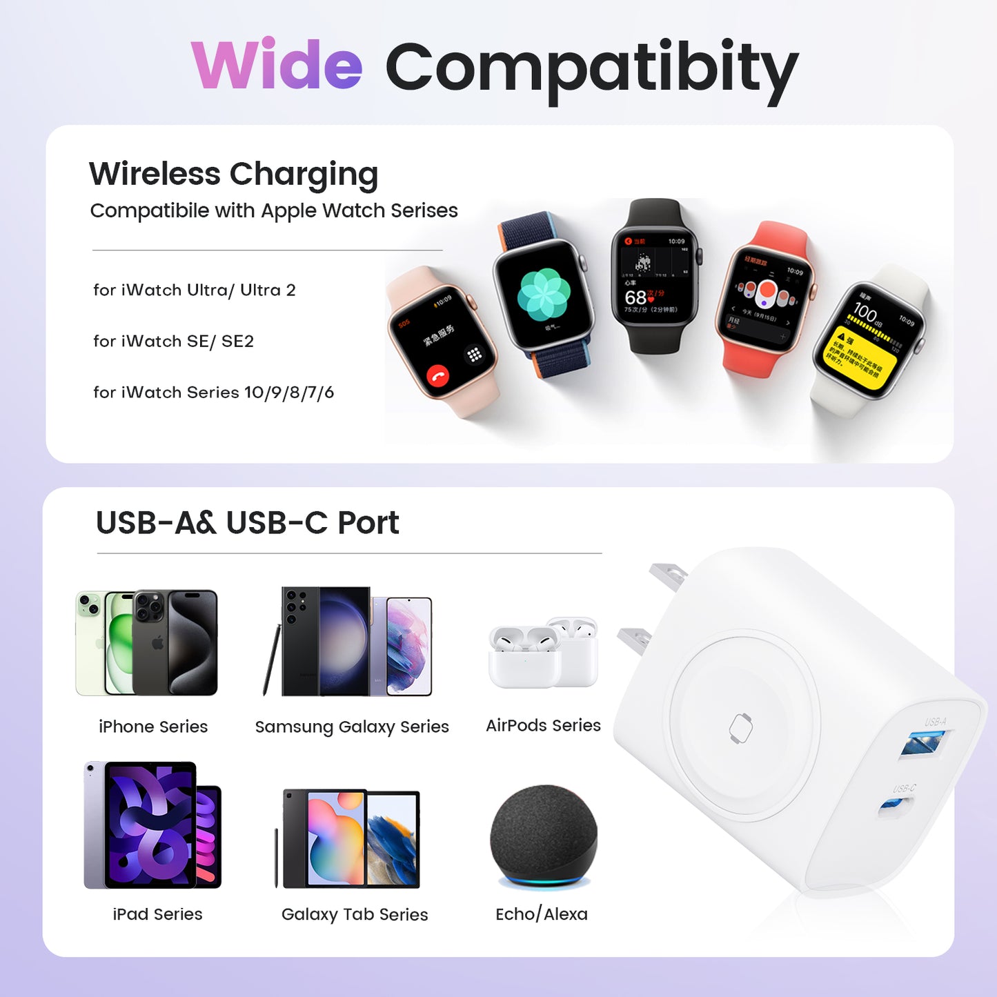 3-in-1 Charging Blocks for Apple Watch ，20W USB-C &18W USB-A&Built-in Wireless Adapter for A pple Watch ，for Apple Watch Series11/ 10/9/8/7/6, for iWatch Ultra/SE, for iPhone
