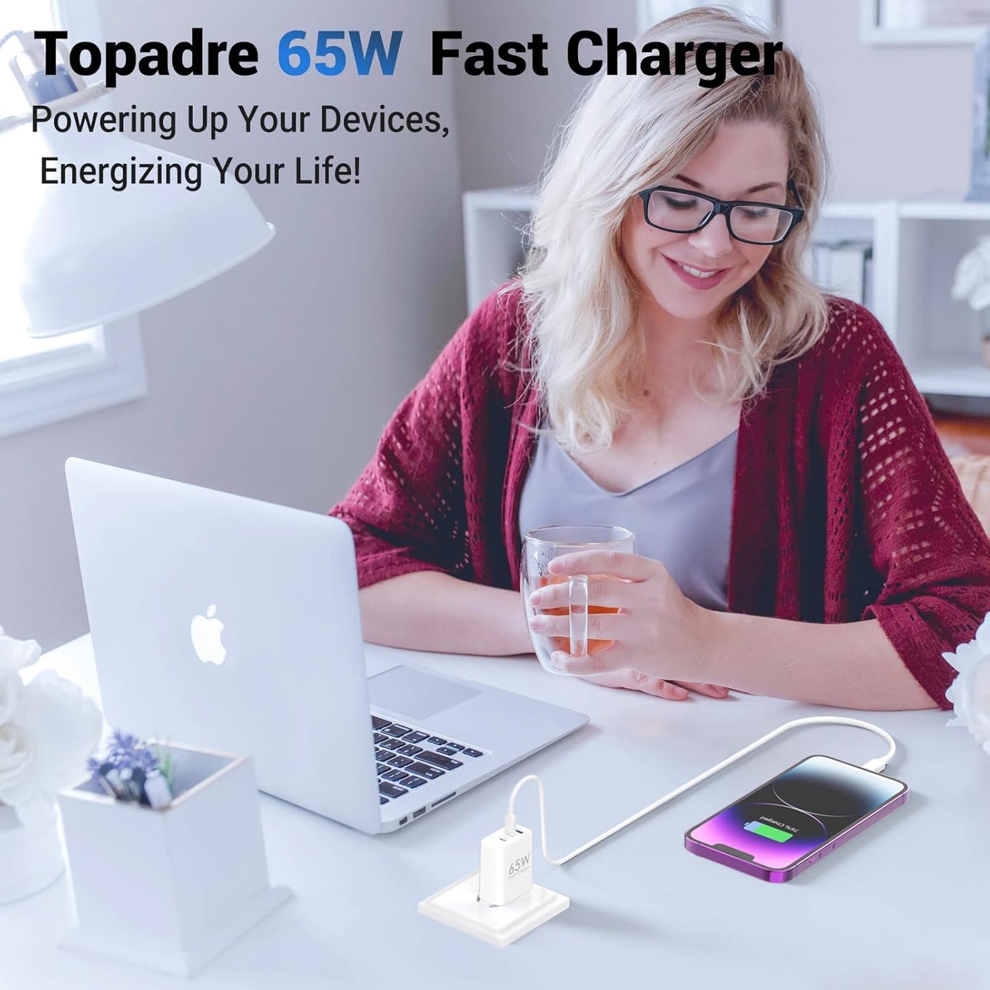 Topadre 65W USB C Charger Block, 3 Ports GaN Wall Charger Foldable Compact Type C Fast Charging for MacBook iPad Pro/Air, iPhone 15/16 Pro/Pro Max, for Samsung Galaxy S24/S23