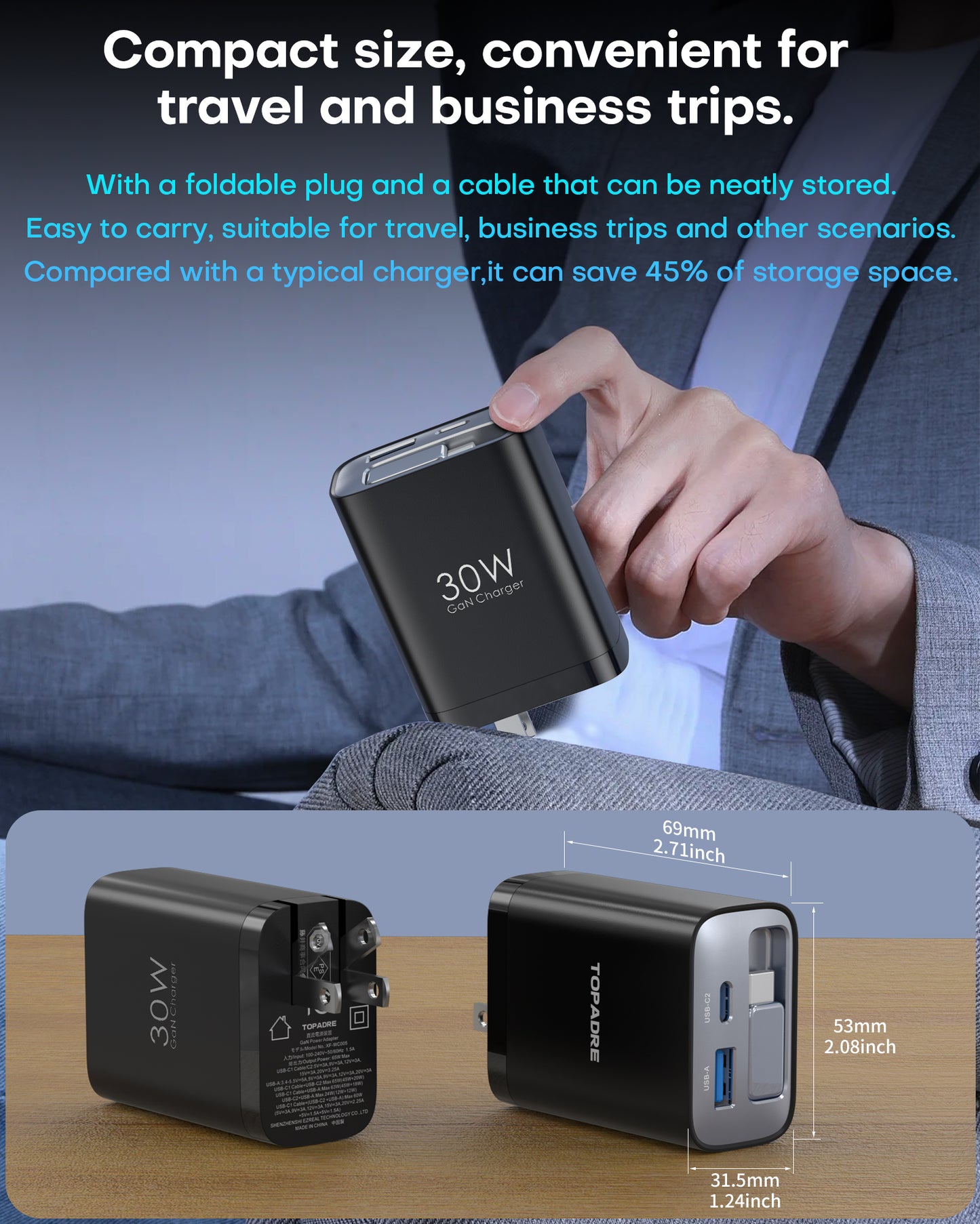 30W GaN 3-in-1 Fast Charger with Retractable Cable, USB-C + USB-A Wall Plug, Compact PD Charger for Phones & Tablets