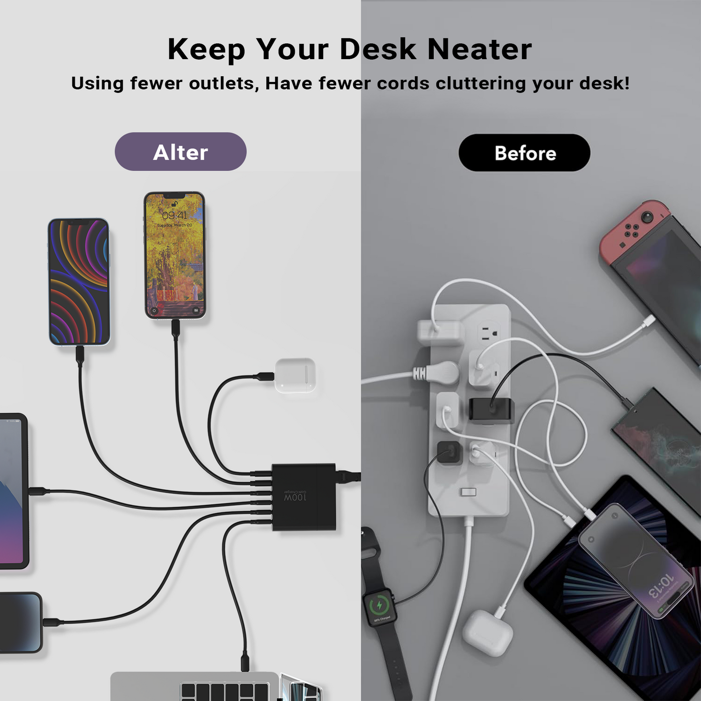 100W USB C Charger, PD3.0 Fast Charging Multiple GaN Charger Station 6-Ports Charger 4-USB C And 2-USB A For IPhone 16/15/14/13/12Pro Max Series, For IPad Pro/Air, For PPS Galaxy S24/S23/S22, For Pixel