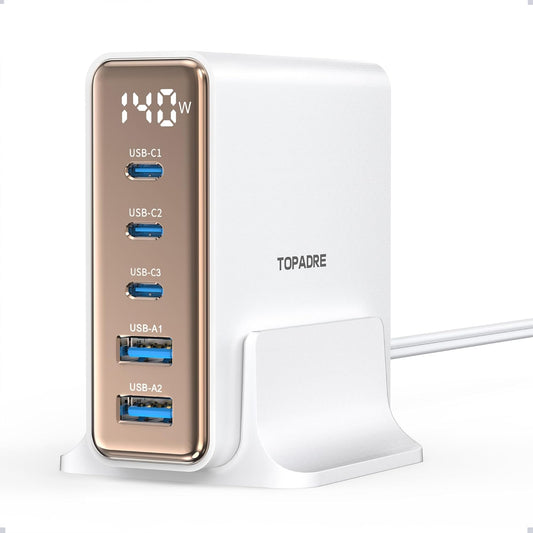 TOPADRE 140W 急速充電器 PD タイプ c 充電器【100W Max*USB-C*3＋USB-A*2+ディスプレイ搭載+PSE認証】5ポート Type-c充 電器 MacBook M4 M3 /ipad Pro/iPhone 16/15/14/13 Pro Max/Samsung Galaxy Note各種デバイス対応 GaNIII(窒化ガリウム) 1.5mの電源ケーブル付き