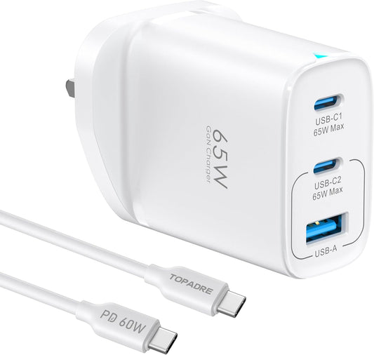 65W USB C Plug, 3 Ports GaN Type-C Charger Plug UK PPS/PD3.0 Fast Charging for MacBook Pro/Air, iPad Pro/Air, for iPhone 16/15 Pro Max, for Galaxy S24/S23, Laptop Charger