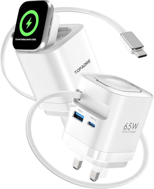 65W Retractable Wall Charger with Cables, 3-Port for Apple Watch Charger USB-C with Fast Charging for Apple Watch 10/9/8, for Macbook/iPad Pro, for iPhone 16/15 Series, Galaxy and More
