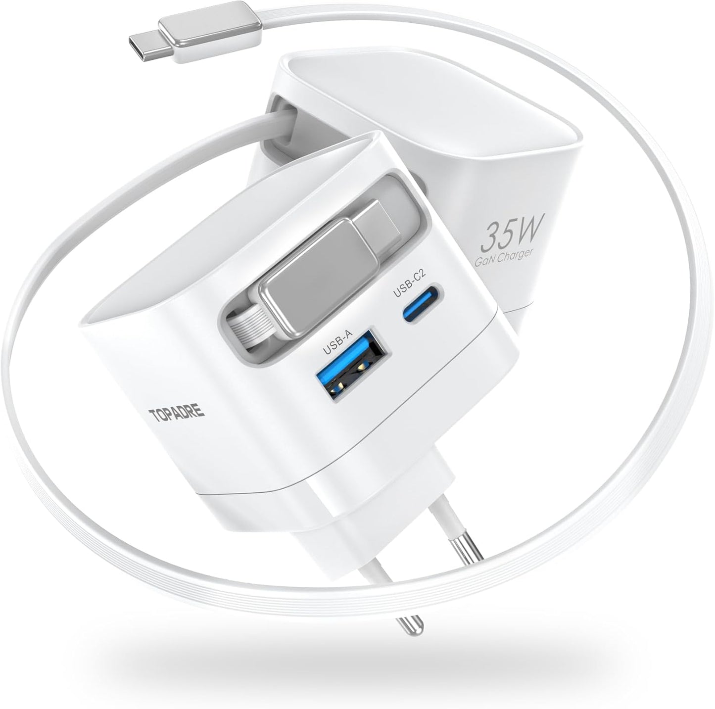 Einziehbares 35W ladegerät mit 65CM Kabeln, 3 Port GaN USB C Ladegerät,35W USBC Netzteil mit Schnellladekabel für iPhone 16/15/14/13/12 Serie, für iPad Air, Tablet, Galaxy S-A Serie und mehr, Weiß