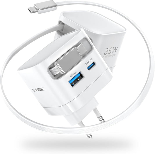 Einziehbares 35W ladegerät mit 65CM Kabeln, 3 Port GaN USB C Ladegerät,35W USBC Netzteil mit Schnellladekabel für iPhone 16/15/14/13/12 Serie, für iPad Air, Tablet, Galaxy S-A Serie und mehr, Weiß