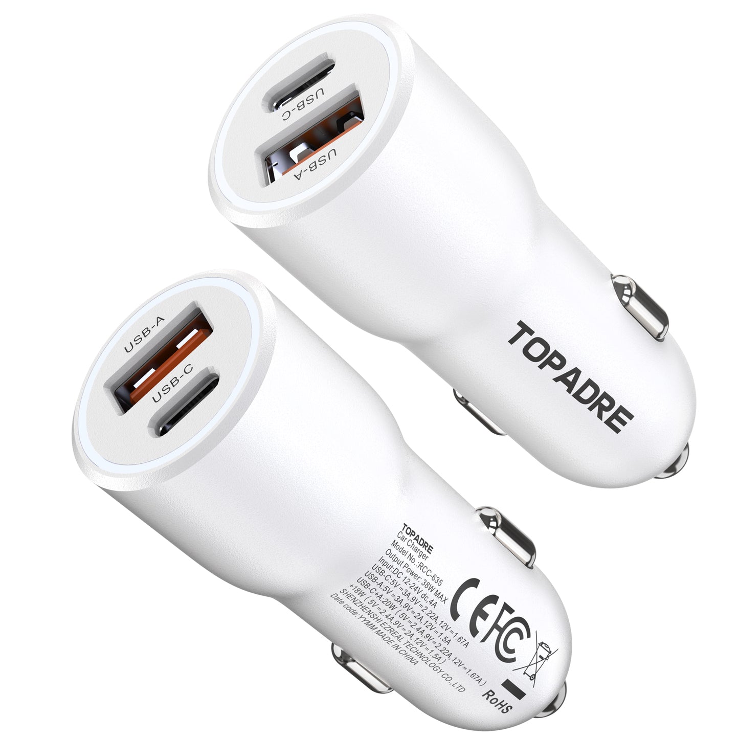 Topadre 2-Pack 38W Dual-Port USB-C & USB-A Car Charger, Fast Charging for iPhone, iPad, Samsung