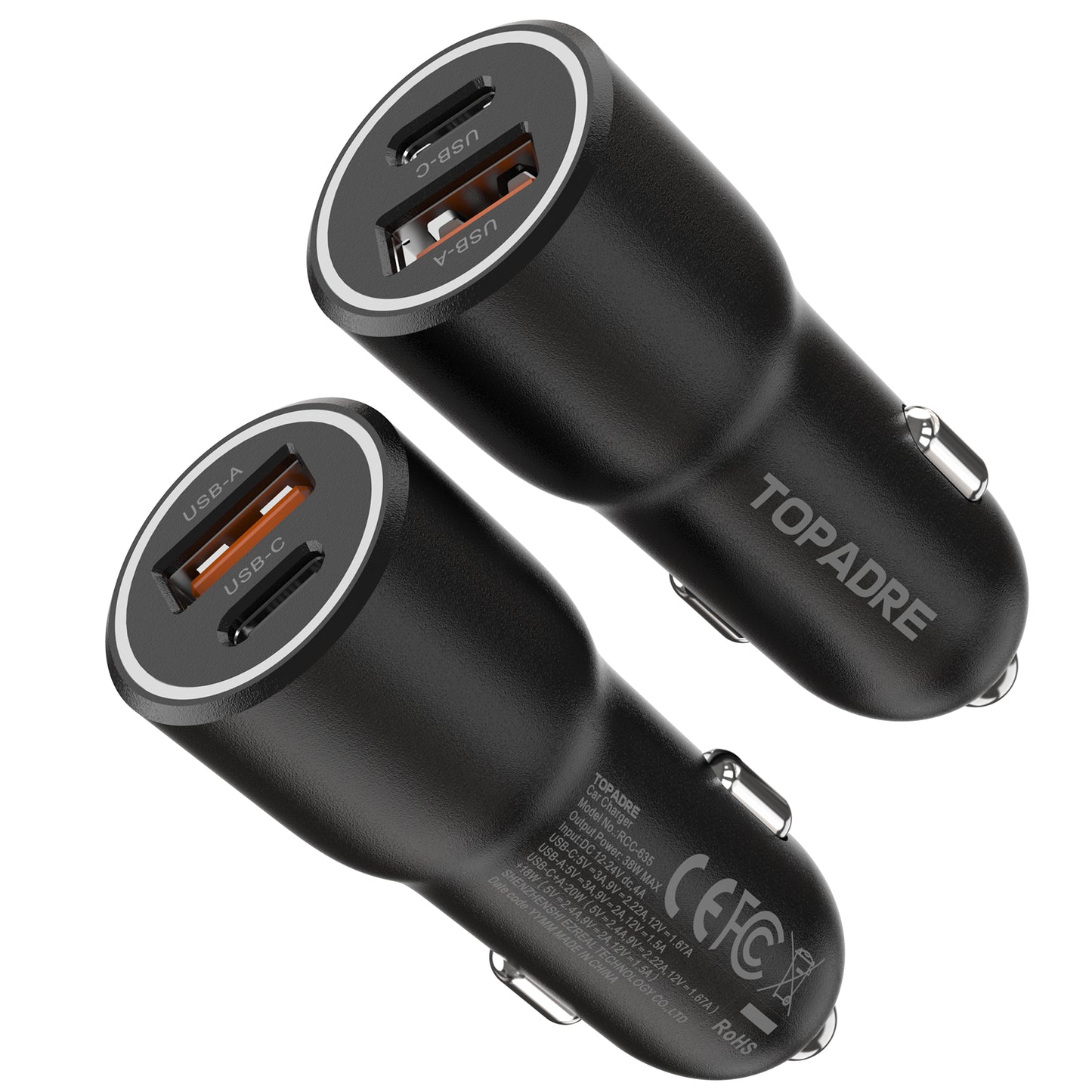 Topadre 2-Pack 38W Dual-Port USB-C & USB-A Car Charger, Fast Charging for iPhone, iPad, Samsung