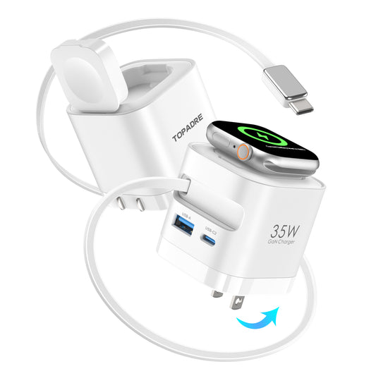 35W Retractable Wall Charger with Cables, 3-Port for applewatch Charger USB-C with Fast Charging for applewatch 10/9/8, for i Pad Pro, for i Phone 16/15/14 Pro Max Series, Galaxy and More, White