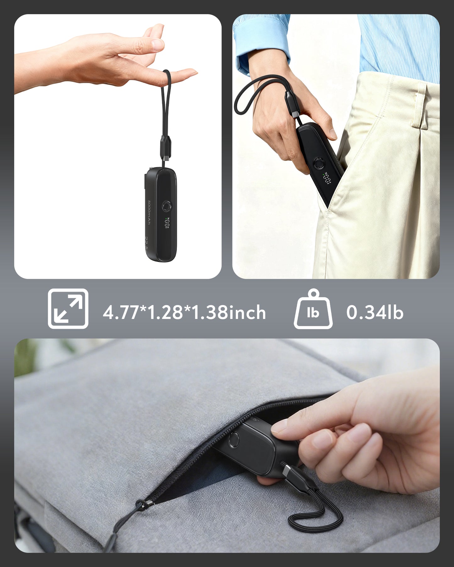 TOPADRE 5000mAh Portable Charger with Built-in AC Plug, 22.5W Fast Charging USB-C Power Bank, LED Display, Dual Device Charging, Compact & Lightweight Battery Pack for iPhone 16/15, Android, iPad and More