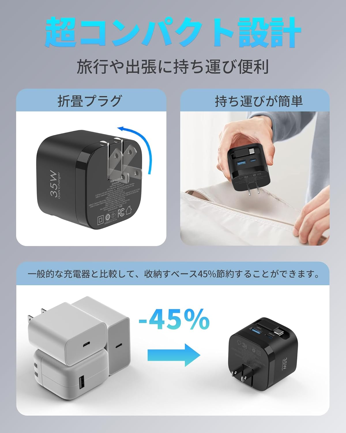 【新登場 自動巻き取り式】充電器 35w タイプc 3in1 急速充電器【伸縮70㎝/折畳み式/3台同時充電可/超低温/PSE技術基準適合/GaNIII技術】USBコンセント iPhone16 Pro Maxシリーズ/15 Proなどデバイス対応 旅行用 携帯充 電器 ブラック