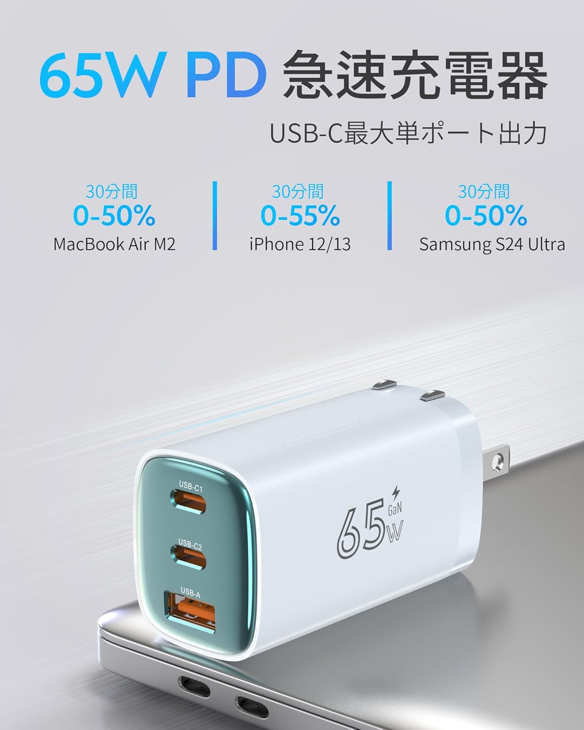 TOPADRE 充電器 65w Type-C PD 急速充電器 USB 3ポート三台同時充 電 [超低温/GaNIII技術/折りたたみ式プラグ] タイプc 充電器 対応MacBook/iPad/Android/Windows PC PSE認証済 PD3.0 対応iphone 16/15/14/13 フルシリーズ対応 青色